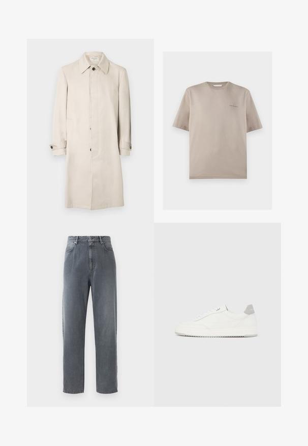 Beige trenchcoat lavet af glat stof, med klassisk krave, knaplukning foran og sidelommer. Lange ærmer med knapmanchetter.; Beige T-shirt med korte ærmer og rund halsudskæring med lille "Tiger of Sweden" logo på venstre bryst, vist på hvid baggrund.; Højtraljede, lige ben jeans i falmet grå denim, med fem lommer, knaplukning og subtil falmning på stoffet.; Hvid lavtop-sneaker med gråt hælflig, hvide snørebånd og tekstureret sål, vist på en ensfarvet lys baggrund.