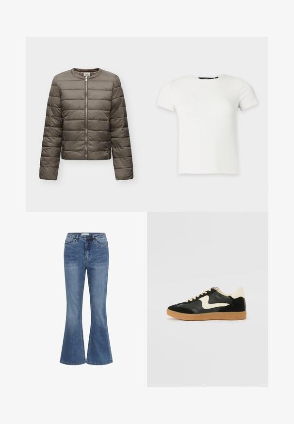 Lysebrun quiltet jakke med lange ærmer, rund krave og central sølv lynlås, vist på en ensfarvet hvid baggrund.; Hvid kortærmet ribstrikket t-shirt med rund halsudskæring, vist på en ensartet lys grå baggrund.; Blå denim jeans med høj talje, frontlukning med knap og lynlås, og let udvidede ben.; Sorte ruskinds- og lædersneakers med en cremefarvet side-swoosh og lys cremefarvet hæl. Har beige snørebånd og en gummirubber-sål.