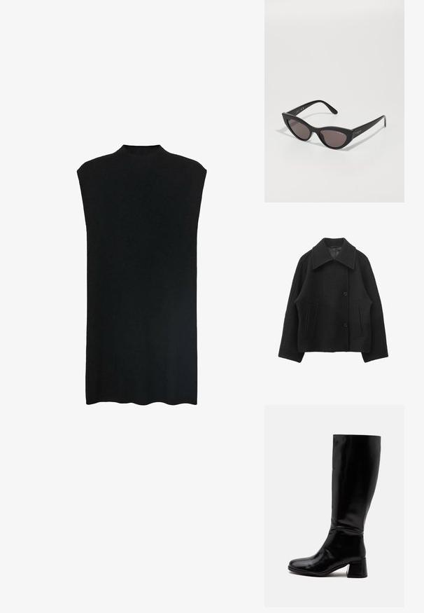 Veste courte en mélange de laine noire avec col large, manches longues, deux poches passepoilées à l'avant et fermeture par boutons.; Tunique noire sans manches avec un col montant, tissu doux, coupe ample et silhouette droite. L'ourlet est légèrement arrondi en bas.; Botte en cuir noire brillante jusqu'au genou, avec un bout arrondi et un petit talon bloc, vue de côté sur un fond uni.; Lunettes de soleil cat-eye avec une monture noire mate et des verres sombres, comportant un logo "vogue" sur le côté et une forme angulaire distinctive.