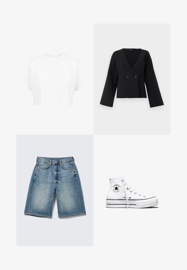 Veste courte noire en tissu doux, avec un col en V profond, des manches longues et deux boutons sur le devant pour la fermeture.; T-shirt blanche raccourcie, à manches courtes, col rond, en tissu lisse, sans motifs visibles ni quincaillerie distincte.; Shorts en denim bleu clair longueur genou avec bouton frontal, fermeture éclair, passants de ceinture et design à cinq poches sur un fond uni.; Baskets montantes blanches Converse Chuck Taylor All Star avec patch logo noir et lacets blancs, présentées sur fond blanc.