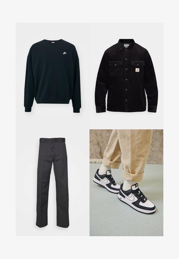 Must tumes koot, millel on kaks kinnitusklapiga rinna(taskut) ja nööbiga sulgemine, vasakul taskul on logo silt. Tekstureeritud kangas.; Must mustaga Nike pikendatud varrukatega, ümar kaelus ja soonikkoes mansetid. Vasakul rinnal on valge Nike logo.; Mustadest kangast püksid, mis on valmistatud vastupidavast materjalist, sirge jala disainiga, vöökoha jaoks nööbid ja õmblused lisatekstuuri saavutamiseks.; Mustvalge Nike Air Force 1 tossud nahast pealsega, perforeeritud varbaga ja tekstuurse tallaga, kantud kergete beige pükstega, mille alumine serv on üles keeratud, ja valgete sokkidega.