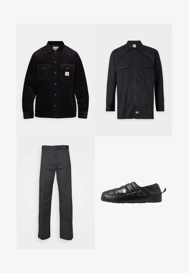 Schwarze Cordjacke mit zwei Brusttaschen mit Klappen, einem Knopfverschluss und einem Logopatch auf der linken Tasche. Strukturierter Stoff.; Schwarzes langärmliges Hemd zum Knöpfen mit zwei vorderen Klappentaschen und einem kleinen Dickies-Logoanhänger nahe dem unteren Saum.; Schwarze Hose aus strapazierfähigem Material, mit geradem Bein, einem Bund mit Gürtelschlaufen und Nähten für zusätzlichen Textur.; Schwarzer Slipper mit gestepptem Design, aus gepolstertem Material gefertigt. Verfügt über eine strukturierten Gummisohle und eine kleine Lasche hinten.