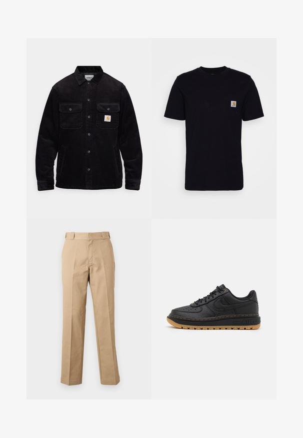 Zwarte corduroy jas met twee borstzakken met kleppen, een knoopsluiting en een opnamerichtlijn op de linkse zak. Gelaagde stof.; Zwarte katoenen t-shirt met korte mouwen, ronde hals en een borstzak met een klein, vierkant logo patch. Eenvoudig, stevig ontwerp.; Beige rechte broek met riemlussen, een voorrits en gestreken plooien, getoond tegen een effen witte achtergrond.; Zwarte leren sneaker met textuur, ronde neus, geperforeerde details en een gumrubberen zool. Heeft contrasterende gele stiksels en logo.