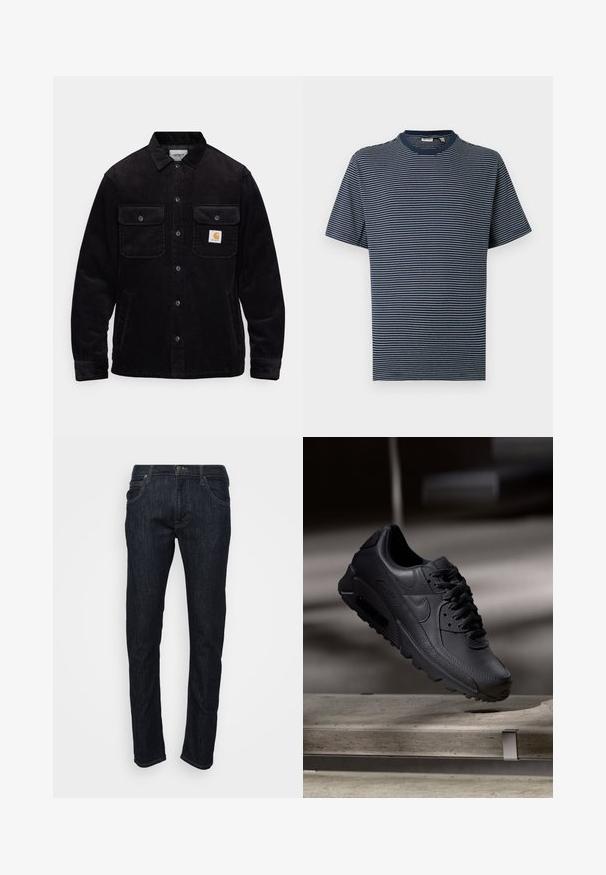 Sort kordfløjl jakke med to brystlommer med klapper, knaplukning og et logo-patch på venstre lomme. Tekstureret stof.; Marineblå t-shirt med korte ærmer, tynde hvide vandrette striber og rund halsudskæring mod en ensfarvet baggrund.; Mørkeblå denim jeans med lige ben-design, der har en knaplukning, bæltestropper og for- samt baglommer. Ingen synlige mønstre.; Sorte Nike Air Max-sneakers med en struktureret læderoverdel, gummisål og fremtrædende snøresystem, der viser et slankt, moderne design.