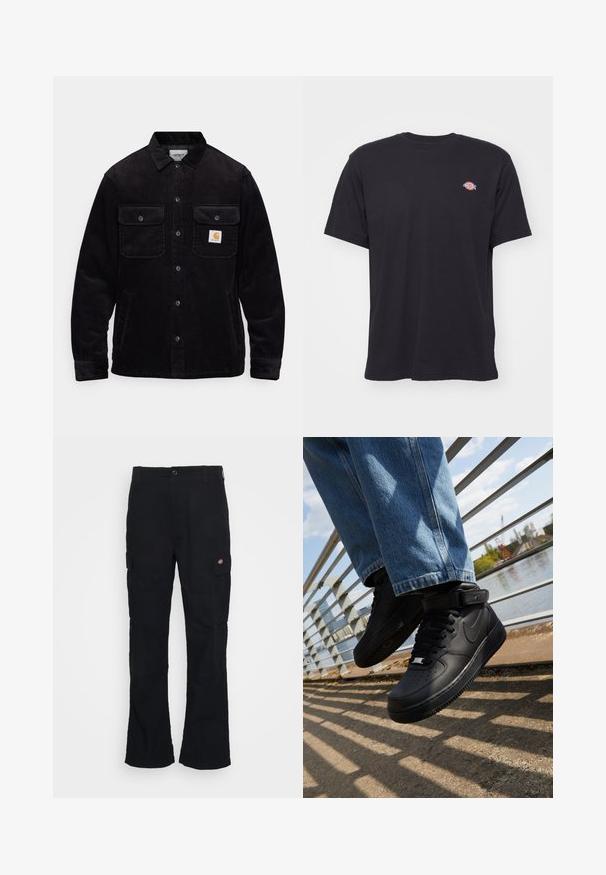 Schwarze Cordjacke mit zwei Brusttaschen mit Klappen, einem Knopfverschluss und einem Logopatch auf der linken Tasche. Strukturierter Stoff.; Schwarzes T-Shirt mit kurzen Ärmeln und Rundhalsausschnitt, mit kleinem buntem Dickies-Logo auf der linken Brust vor einfarbigem Hintergrund.; Schwarze Cargo-Hose mit geradem Bein, aus strapazierfähigem Stoff gefertigt, mit Seitentaschen und einem aufgenähten Logo auf der linken Seite.; Schwarze Nike Air Force 1 Sneakers mit Obermaterial aus Leder, Mesh-Zunge und Gummisohle, die ein hoch geschnittenes Design und dicke Schnürsenkel aufweisen.
