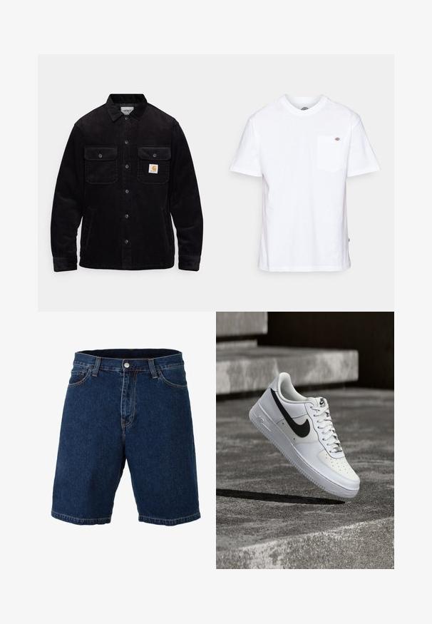 Sort kordfløjl jakke med to brystlommer med klapper, knaplukning og et logo-patch på venstre lomme. Tekstureret stof.; Hvid bomulds t-shirt med rund halsudskæring, korte ærmer og en brystlomme med et lille mærke-logo på venstre side.; Mørkeblå denimshorts med lige snit, almindelig talje og metalknaplukning; har kontrasterende gul syning og kant.; Hvid Nike Air Force 1-sneaker med sort swoosh, snørebånd bundet, placeret i luften over tekstureret betonoverflade udendørs.