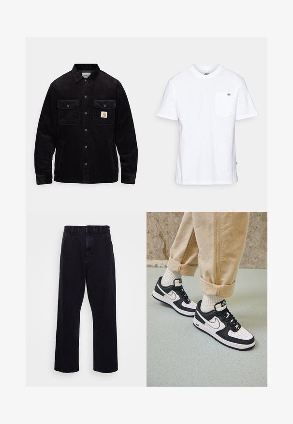 Sort kordfløjl jakke med to brystlommer med klapper, knaplukning og et logo-patch på venstre lomme. Tekstureret stof.; Hvid bomulds t-shirt med rund halsudskæring, korte ærmer og en brystlomme med et lille mærke-logo på venstre side.; Sorte denimbukser med lige ben, der har en knap- og lynlåslukning, bæltestropper og minimale syninger.; Sorte og hvide Nike Air Force 1 sneakers med læderoverdel, perforeret tå og tekstureret såldetalje, båret med rullede beige bukser og hvide sokker.