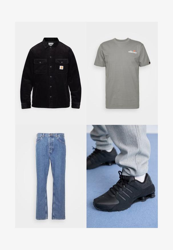 Sort kordfløjl jakke med to brystlommer med klapper, knaplukning og et logo-patch på venstre lomme. Tekstureret stof.; Grå kortærmet t-shirt lavet af bomuld. Har et logo på brystet og et mærke på ærmet. Enkel, ubrudt design og glat tekstur.; Blå denimjeans med lige pasform, fem lomme-design, bæltestropper og knaplukning. Stoffet har en blød, struktureret finish.; Person iført sorte Nike Shox sneakers og grå joggingbukser, der står på lyseblåt tæppe.