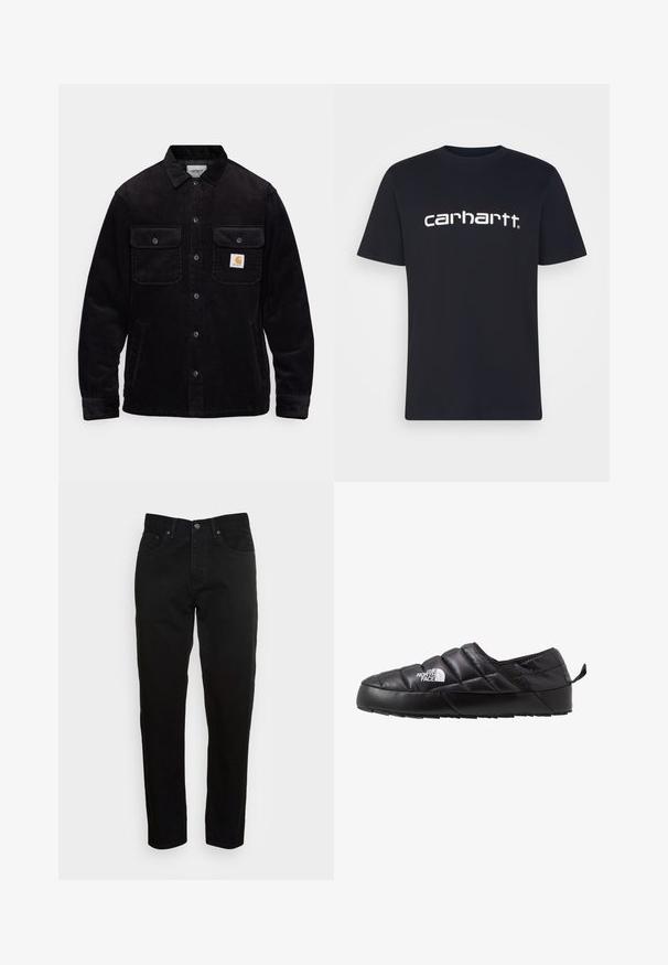 Veste en velours côtelé noir avec deux poches poitrine à rabat, un système de fermeture à boutons, et un patch logo sur la poche gauche. Tissu texturé.; T-shirt en coton noir à manches courtes et col rond ; arbore le logo "carhartt" blanc imprimé sur la poitrine. Texture lisse, design simple.; Jean slim noir avec fermeture à bouton à l'avant et design à cinq poches, présenté sur un fond gris clair uni.; Chaussure noire à enfiler avec un design matelassé, fabriquée en matériau rembourré. Elle présente une semelle en caoutchouc texturée et une petite languette à l'arrière.