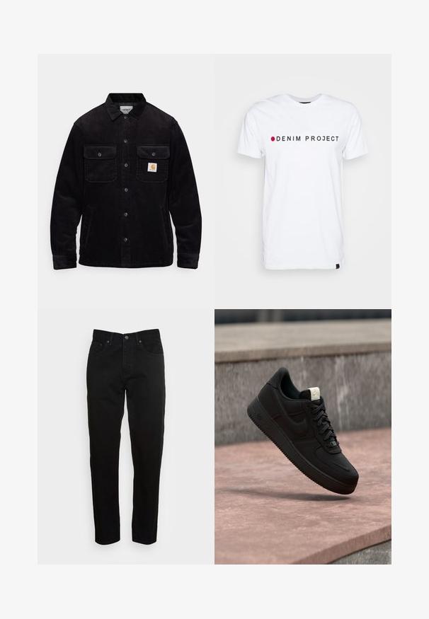Schwarze Cordjacke mit zwei Brusttaschen mit Klappen, einem Knopfverschluss und einem Logopatch auf der linken Tasche. Strukturierter Stoff.; Weißes Baumwoll-T-Shirt mit kurzen Ärmeln, das den Text "DENIM PROJECT" in Schwarz mit einem roten Punkt zeigt, sowie einem kleinen schwarzen Akzent-Label am Saum.; Schwarze Slim-Fit-Jeans mit vorderem Knopfverschluss und fünf Taschen-Design, vor einem schlichten hellgrauen Hintergrund präsentiert.; Schwarzer Nike Air Force 1 Sneaker, der über einer rosa Betonkante mit grauem Stein-Hintergrund schwebt und Seiten- sowie Oberseiten-Details zeigt.