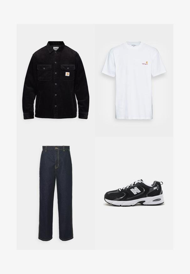 Sort kordfløjl jakke med to brystlommer med klapper, knaplukning og et logo-patch på venstre lomme. Tekstureret stof.; Hvid bomulds t-shirt med korte ærmer. Designet med et lille orange og maroon logo på venstre bryst. Har en klassisk rund hals.; Bredde ben mørke denim jeans med gul syning, der har en frontlukning med knap og sidelommer. Glat tekstur og traditionelt design.; Sorte og grå sportssko med mesh og ruskind på overdelen, der har en hvid mellemsål, snørebånd og et iøjnefaldende "N" logo på siden.