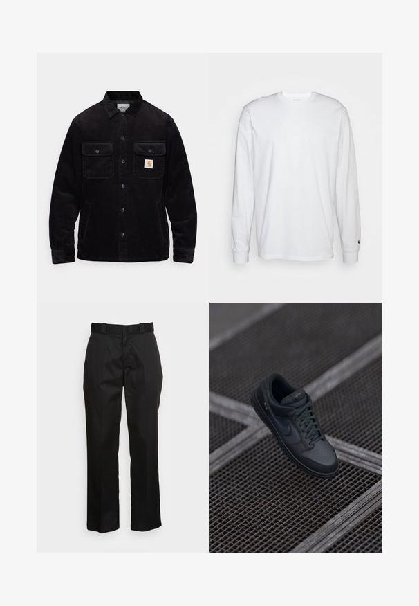 Veste en velours côtelé noir avec deux poches poitrine à rabat, un système de fermeture à boutons, et un patch logo sur la poche gauche. Tissu texturé.; T-shirt blanc à manches longues en coton. Design à col rond avec des poignets côtelés et un petit logo sur la manche gauche. Texture lisse.; Pantalons noirs en tissu lisse, avec une coupe droite, des passants de ceinture et deux poches latérales. Look classique sans embellissements.; Baskets Nike en cuir noir avec un bout arrondi, un empeigne perforée et une semelle en caoutchouc texturée. Comprend des lacets et un branding subtil.