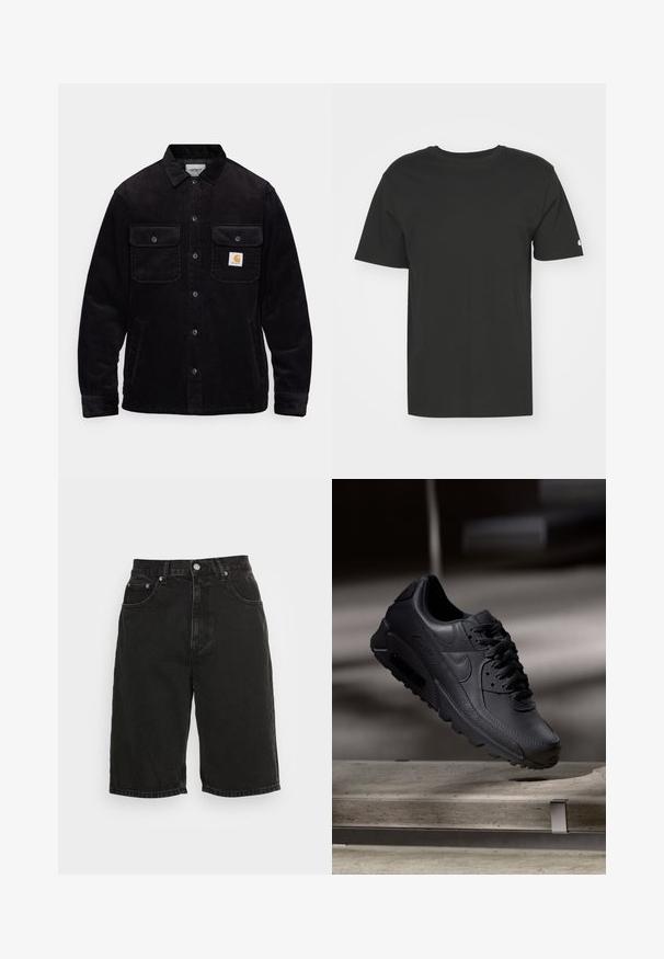 Sort kordfløjl jakke med to brystlommer med klapper, knaplukning og et logo-patch på venstre lomme. Tekstureret stof.; Sort T-shirt lavet af blød bomuld, med korte ærmer og rund hals. Enkel design med et lille logo på venstre ærme.; Sorte højtaljede denimbukser med frontknap, lynlås, bæltestropper og fem lomme-stil mod en ensartet lys baggrund.; Sorte Nike Air Max-sneakers med en struktureret læderoverdel, gummisål og fremtrædende snøresystem, der viser et slankt, moderne design.
