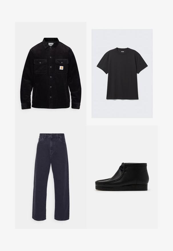 Zwarte corduroy jas met twee borstzakken met kleppen, een knoopsluiting en een opnamerichtlijn op de linkse zak. Gelaagde stof.; Zwarte korte mouwen T-shirt van katoen. Kenmerkt zich door een ronde halslijn en een ontspannen pasvorm. Eenvoudig ontwerp zonder zichtbare patronen of accenten.; Donker gewassen denim jeans met een wijde pasvorm, hoge taille en vijf-pocket ontwerp. Beschikt over een klassieke knoop- en ritssluiting.; Zwarte leren enkelboots met een ronde neus, gestikte details en een zachte rubberen zool. Voorzien van een vetersluiting aan de voorkant.