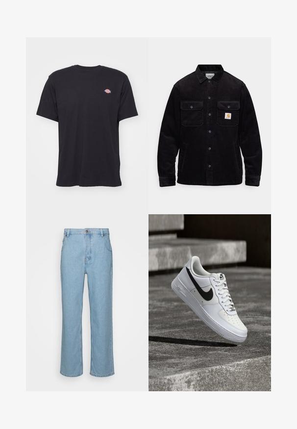 Sort kordfløjl jakke med to brystlommer med klapper, knaplukning og et logo-patch på venstre lomme. Tekstureret stof.; Sort kortærmet t-shirt med rund hals og et lille farverigt Dickies-logo på venstre bryst mod en ensfarvet baggrund.; Lysblå denim jeans med lige ben design, der har knaplukning, bæltestropper og to forlommer.; Hvid Nike Air Force 1-sneaker med sort swoosh, snørebånd bundet, placeret i luften over tekstureret betonoverflade udendørs.