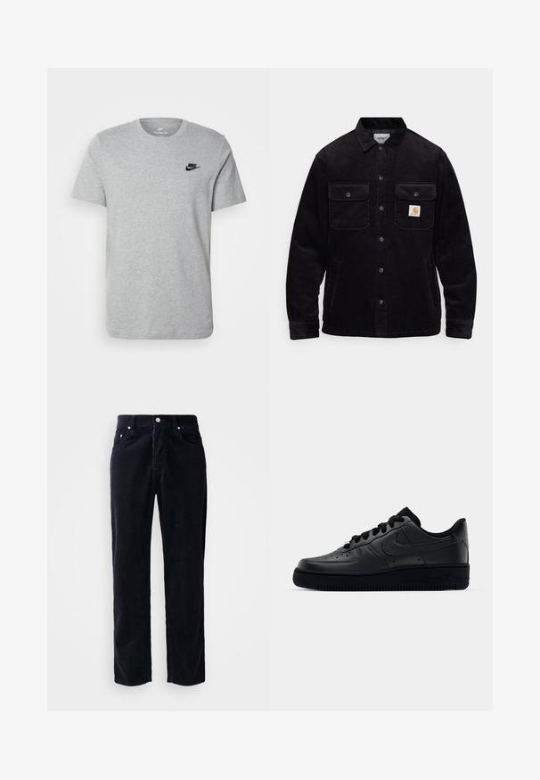 Zwarte corduroy jas met twee borstzakken met kleppen, een knoopsluiting en een opnamerichtlijn op de linkse zak. Gelaagde stof.; Grijze T-shirt met korte mouwen van katoen, voorzien van een zwart Nike-logo op de borst en een ronde halslijn. Minimalistisch ontwerp zonder patronen.; Marineblauwe corduroy broek met een rechte snit, vijf zakken en knoopsluiting. Kenmerkt zich door verticale ribbelstructuur en metalen hardware accenten.; Zwarte Nike Air Force 1 sneaker met een gladde leren bovenkant, geperforeerde neus voor ademend vermogen, zwarte veters en een getextureerde rubberen zool.