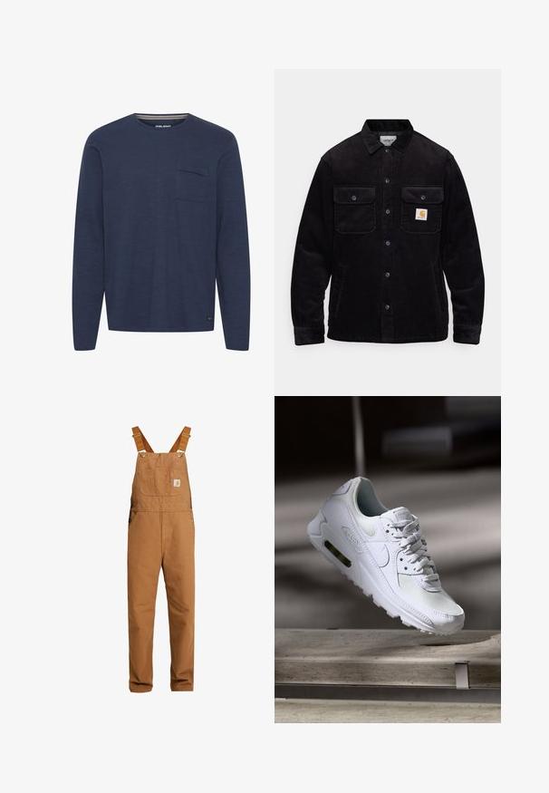 Schwarze Cordjacke mit zwei Brusttaschen mit Klappen, einem Knopfverschluss und einem Logopatch auf der linken Tasche. Strukturierter Stoff.; Langärmliges navyblaues Hemd aus strukturiertem Stoff, mit einer Brusttasche und einem Rundhalskragen, der innen mit einem dezenten Streifen akzentuiert ist.; Carhartt WIP BIB OVERALL DEARBORN CANVAS - Latzhose - hamilton brown rinsed; Weiße Nike Air Max 90 Sneaker mit einem Obermaterial aus Mesh und Leder, durchlässigem Zehenbereich und einer sichtbaren Air-Einheit in der Ferse.