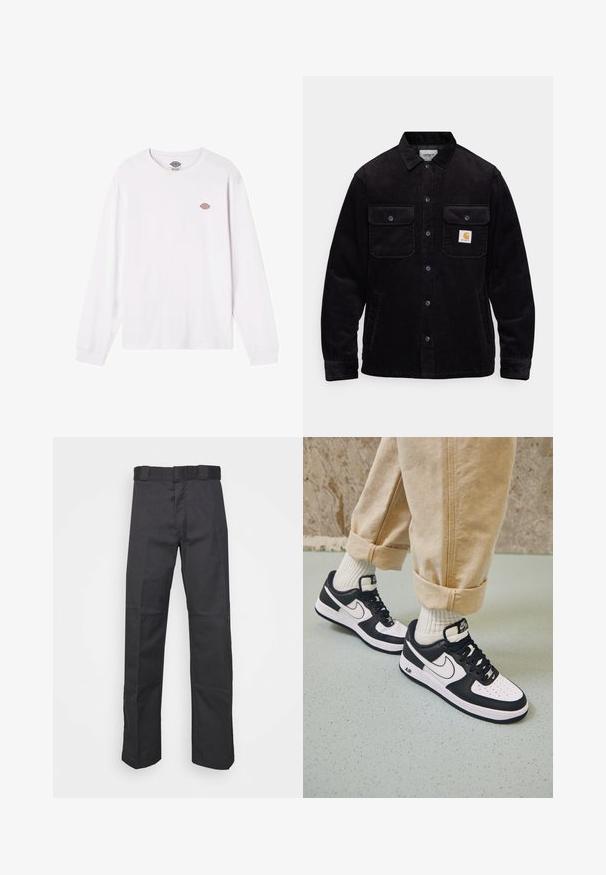 Zwarte corduroy jas met twee borstzakken met kleppen, een knoopsluiting en een opnamerichtlijn op de linkse zak. Gelaagde stof.; Witte lange mouwen T-shirt van katoen. Bevat een klein rond meervleugelig logo op de borst. Eenvoudig ontwerp met ribgebreide manchetten.; Zwarte broek van duurzaam materiaal, met een rechte pijpdesign, een tailleband met riemlussen en naden voor extra textuur.; Zwart-witte Nike Air Force 1 sneakers met een leren bovenwerk, geperforeerde neus en gestructureerde zooldetails, gedragen met opgerolde beige broek en witte sokken.