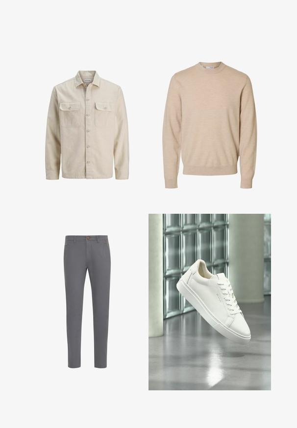 Camisa beige de botones en tejido suave, con dos bolsillos en el pecho, mangas largas y dobladillo recto. Textura lisa sin patrones.; Jersey beige de manga larga y cuello redondo, hecho de tela de punto suave, con puños y dobladillo acanalados, diseñado para hombres.; Pantalones de algodón grises con un diseño ajustado, que cuentan con un cierre de botón, bolsillos estándar y una textura suave.; Zapatilla blanca de corte bajo con cordones flotando sobre un suelo de hormigón reflectante frente a una pared de bloques de vidrio.