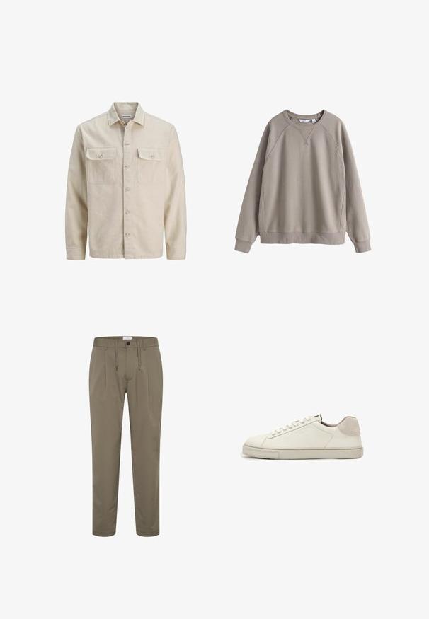 Camisa beige de botones en tejido suave, con dos bolsillos en el pecho, mangas largas y dobladillo recto. Textura lisa sin patrones.; Sudadera beige con cuello redondo, mangas largas, puños y bajo de canalé, y detalles sutiles de costuras en los hombros y el pecho.; Pantalones verde oliva hechos de una tela suave con un corte relajado, cinturilla elástica con cordón y dos pliegues delanteros para un diseño adicional.; Zapatilla blanca de piel de perfil bajo con cordones blancos, suela ligeramente texturizada y parche de ante gris claro en el talón, vista lateral.