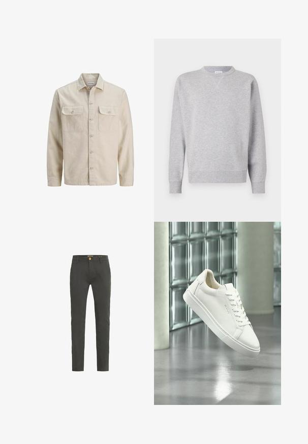 Chemise beige à boutons en tissu doux, dotée de deux poches poitrine, de manches longues et d'un ourlet droit. Texture unie sans motifs.; Sweatshirt gris en tissu doux, avec un col rond, des manches longues, des poignets côtelés et un ourlet droit. Aucune motif ni graphique visible.; Chinos slim fit gris foncé en mélange de coton. Présente une fermeture à un bouton et des passants de ceinture. Texture lisse avec un minimum de détails.; Baskets basses blanches à lacets flottant au-dessus d'un sol en béton réfléchissant, devant un mur en blocs de verre.