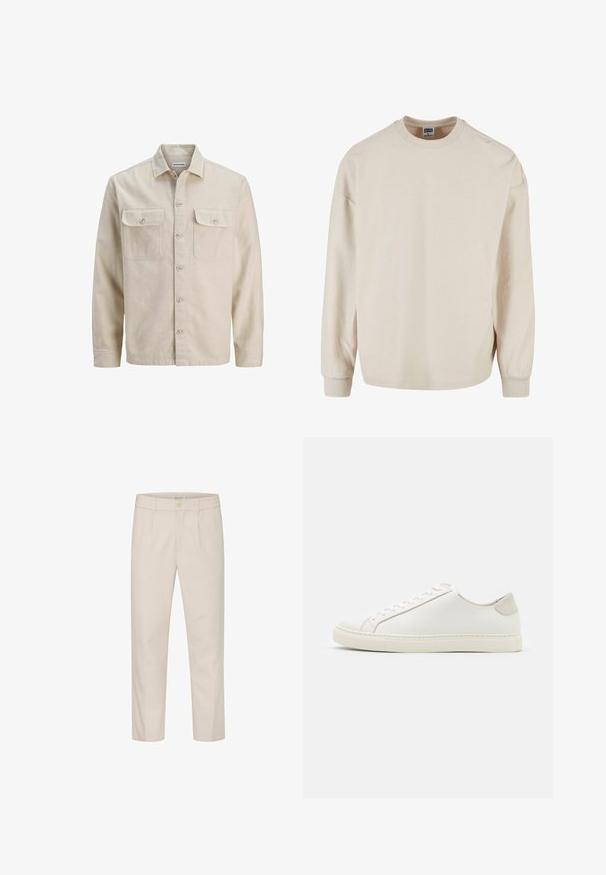 Chemise beige à boutons en tissu doux, dotée de deux poches poitrine, de manches longues et d'un ourlet droit. Texture unie sans motifs.; Sweatshirt beige à manches longues avec un col rond, présentant des épaules tombantes et des poignets côtelés. Texture douce et coupe décontractée.; Pantalon beige en tissu texturé avec une coupe droite, doté d'une fermeture à bouton à l'avant et de poches latérales.; Baskets en cuir blanc avec une surface lisse, bout rond et design minimaliste. Présentent des accents beiges sur le talon et une semelle en caoutchouc.
