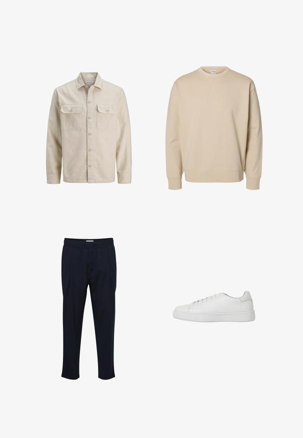 Beige skjorte med knaplukning i blødt stof, der har to brystlommer, lange ærmer og en lige søm. Ensfarvet tekstur uden mønstre.; Beige crewneck sweatshirt med lange ærmer, ribstrikkede manchetter og kant samt en lille syet V-detalje under kraven.; Marineblå skræddersyede bukser med snoretræk i taljen, plisseret front og tætsiddende ankler. Fremstillet af et glat, let materiale.; Hvide sneakers lavet af glat læder med afrundet tå, syede detaljer og flad gummisål. Minimalistisk design med snørebånd.