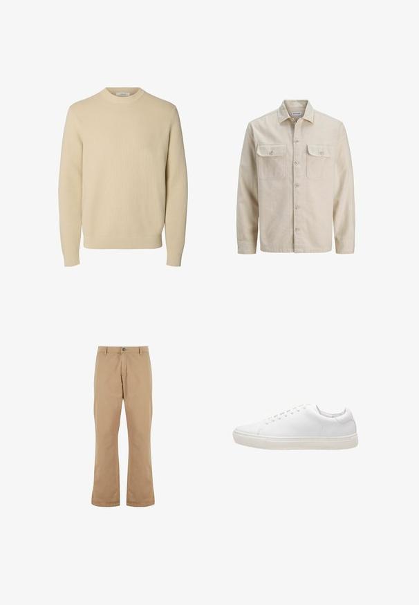 Beige overhemd met knopen in zachte stof, met twee borstzakken, lange mouwen en een rechte zoom. Effen textuur zonder patronen.; Effen beige ronde hals gebreide trui met lange mouwen en geribde boorden en zoom.; Beige katoenen broek met een rechte snit, voorzien van een knoopsluiting, zijzakken en een gladde textuur.; Witte leren sneaker met een gladde textuur, ronde neus, vetersluiting en een platte rubberen zool. Minimalistisch ontwerp zonder zichtbare patronen.