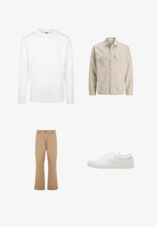 Beige skjorte med knaplukning i blødt stof, der har to brystlommer, lange ærmer og en lige søm. Ensfarvet tekstur uden mønstre.; Hvid sweatshirt lavet af blødt stof. Har lange ærmer, rund halsudskæring, ribbede manchetter og kant. Enkel og minimalistisk design.; Beige bomuldsbukser med lige pasform, der har knaplukning, forlommer og en glat tekstur.; Hvide lædersneakers med en glat overflade, rund tå, snørebåndslukning og flad gummisål. Minimalistisk design uden synlige mønstre.