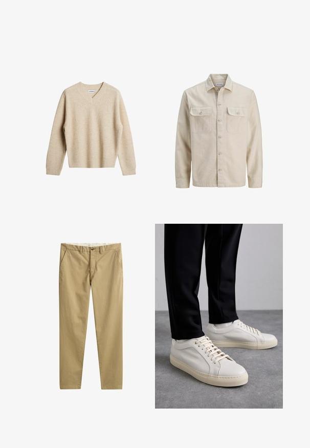 Chemise beige à boutons en tissu doux, dotée de deux poches poitrine, de manches longues et d'un ourlet droit. Texture unie sans motifs.; Pull en maille côtelée beige avec un col en V et des manches longues. Présente une coupe décontractée et un tissu texturé pour plus de chaleur et de confort.; Pantalon beige décontracté à jambes droites avec poches latérales, passants pour ceinture, fermeture par bouton et braguette zippée, fabriqué par la marque GANT.; Baskets en cuir beige clair avec des lacets plats, une surface texturée et une semelle en caoutchouc crème contrastante, associées à un pantalon noir fuselé.