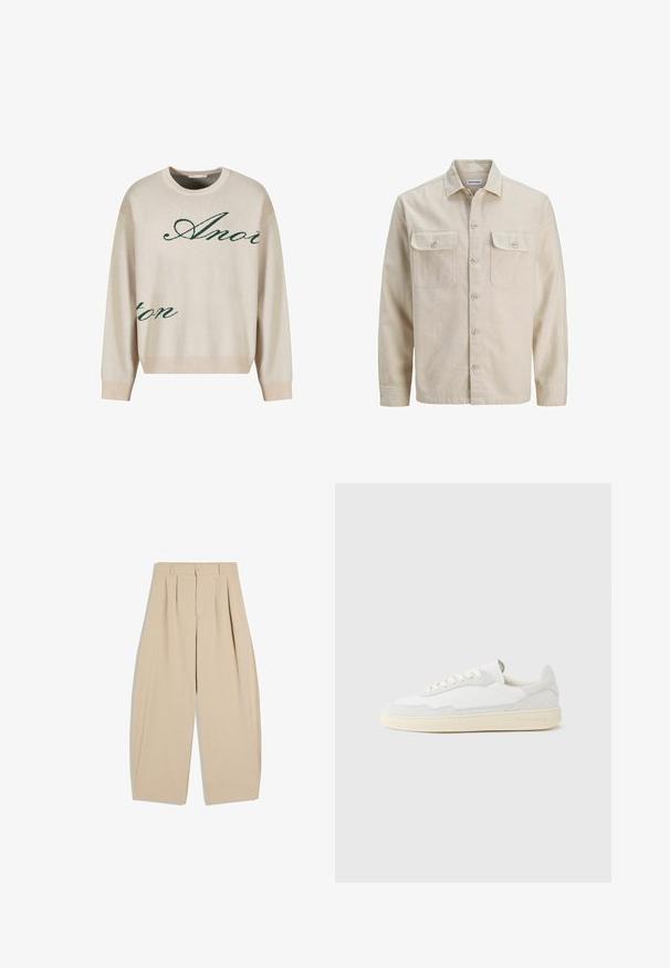 Beige skjorte med knaplukning i blødt stof, der har to brystlommer, lange ærmer og en lige søm. Ensfarvet tekstur uden mønstre.; Beige strikket sweater med grønne kursiverede bogstaver. Ribbet halsudskæring og manchetter, afslappet pasform, med blød tekstur.; Beige højhalset bukser med vidde i benene, plisseringer, bæltestropper, knaplukning og en skjult lynlås foran.; Hvid sneakers med en øvre del i tekstureret ruskind og læder. Har rundet tå, snørelukning og kontrasterende beige gummisål.