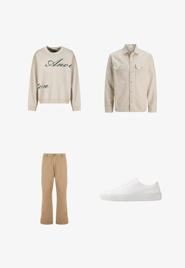 Camisa beige de botones en tejido suave, con dos bolsillos en el pecho, mangas largas y dobladillo recto. Textura lisa sin patrones.; Jersey de punto beige con texto verde en cursiva. Cuello y puños acanalados, corte relajado, con una textura suave.; Pantalones de algodón beige con un corte recto, que cuentan con un cierre de botón, bolsillos frontales y una textura suave.; Zapatilla blanca de cuero con un acabado suave, puntera redonda y seis ojales para los cordones. Cuenta con una suela de goma texturizada y un diseño minimalista.