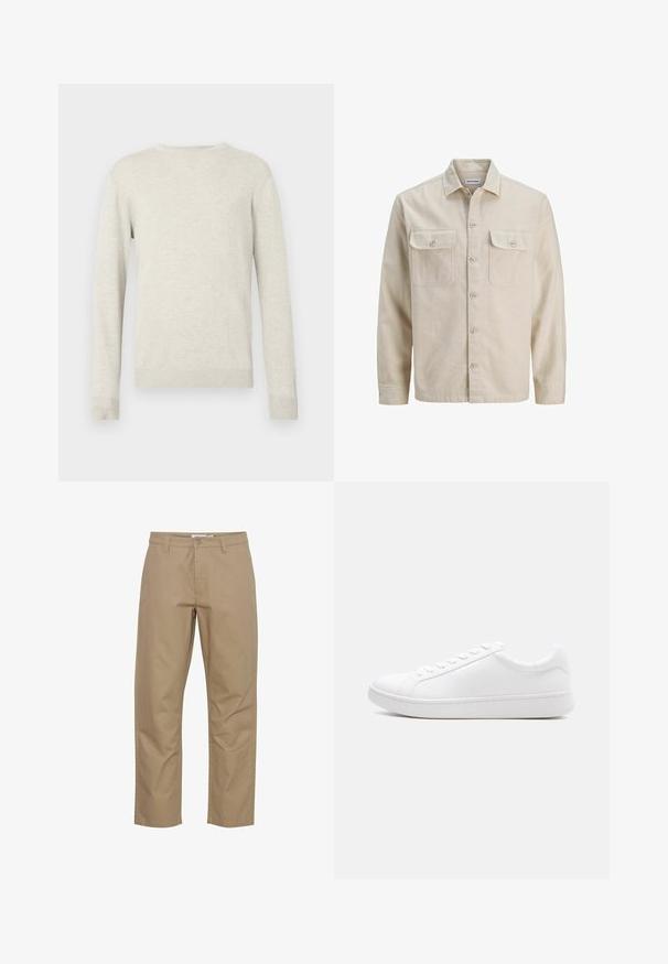 Beige overhemd met knopen in zachte stof, met twee borstzakken, lange mouwen en een rechte zoom. Effen textuur zonder patronen.; Beige trui met lange mouwen en ronde hals, voorzien van ribbels aan de mouwen en onderkant, gepresenteerd tegen een eenvoudige witte achtergrond.; Beige katoenen broek met een rechte pijp, voorzien van een knoop- en ritsluiting aan de voorkant, zijzakken en een nette afwerking.; Witte lage sneaker met veterluiting, glad leren bovenwerk en dikke rubberen zool, zijaanzicht op een effen achtergrond.