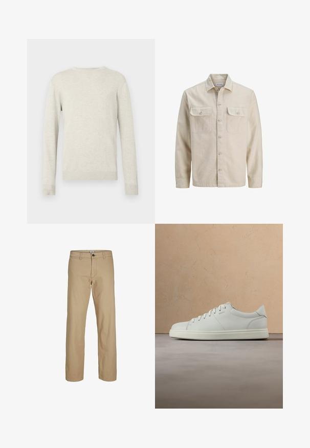 Beige skjorte med knaplukning i blødt stof, der har to brystlommer, lange ærmer og en lige søm. Ensfarvet tekstur uden mønstre.; Beige sweater med lange ærmer og rund halsudskæring, med ribbede manchetter og kant, præsenteret mod en simpel hvid baggrund.; Beige bukser med lige ben, knaplukning, bæltestropper og forlommer, vist mod en hvid baggrund.; Hvid lædersneaker med en glat tekstur, rund snude og flade snørebånd. Har et diskret logo og en letvægts sål.