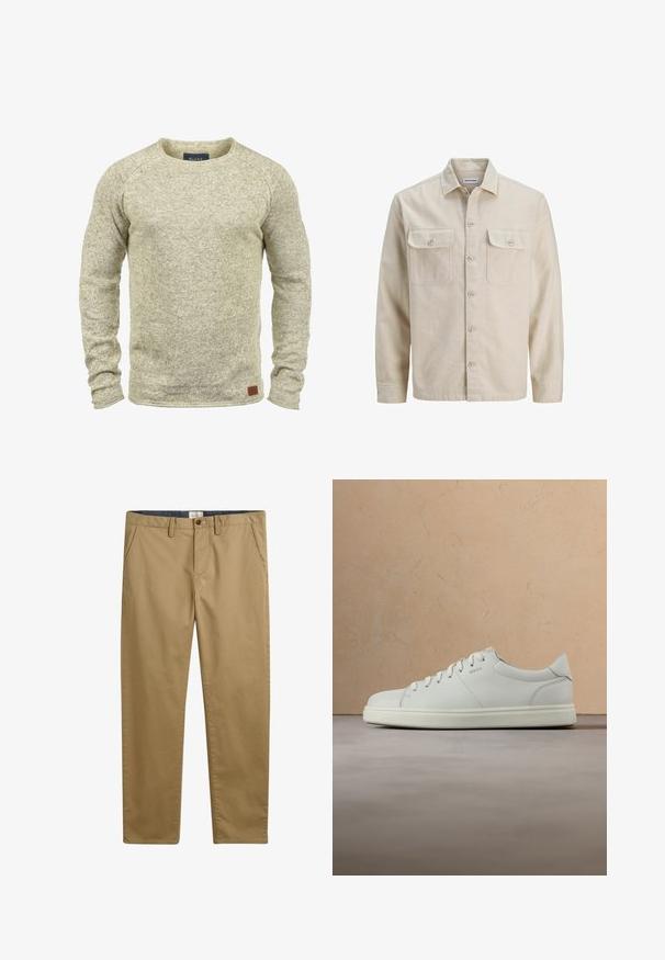 Chemise beige à boutons en tissu doux, dotée de deux poches poitrine, de manches longues et d'un ourlet droit. Texture unie sans motifs.; Pull en tricot beige clair avec des manches longues, un col rond et une finition texturée. Il présente une petite étiquette en cuir marron sur l'ourlet.; Pantalon en coton kaki à coupe droite, doté de poches latérales, d'une fermeture à bouton et d'un tissu texturé.; Baskets en cuir blanc avec une texture lisse, un bout rond et des lacets plats. Elles présentent un logo discret et une semelle légère.