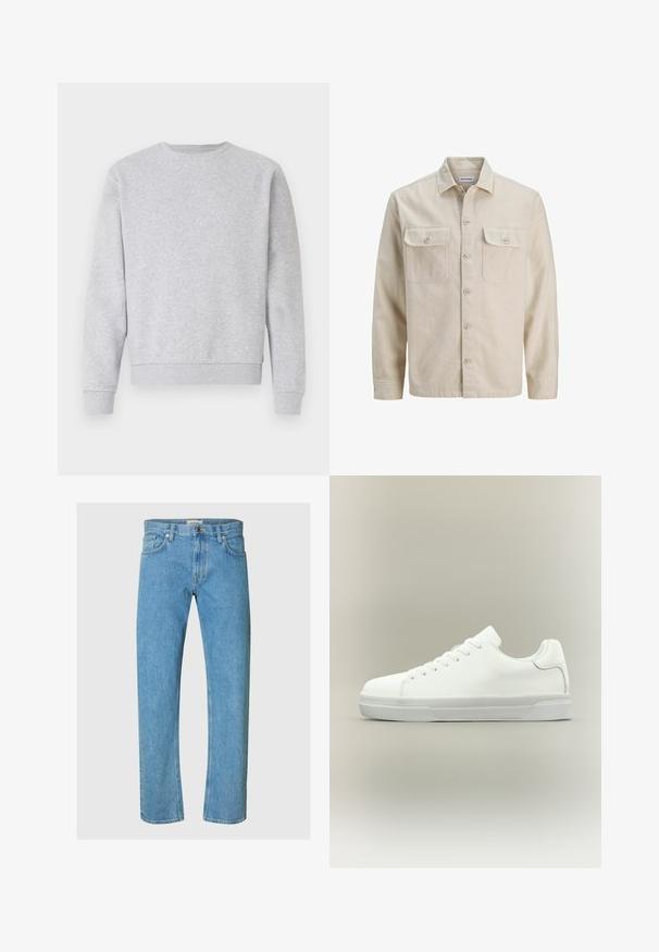 Beige skjorte med knaplukning i blødt stof, der har to brystlommer, lange ærmer og en lige søm. Ensfarvet tekstur uden mønstre.; Grå sweatshirt lavet af blødt stof, med rund hals, lange ærmer samt ribbemanchetter og -kant. Simpelt design uden logoer eller mønstre.; Lysblå denimjeans har et lige ben-design, fem-lomme stil og en lynlås med metalknaplukning.; Hvid lavtop sneaker med snørelukning foran, polstret krave og tekstureret gummisål, vist i sidelayout på neutral baggrund.