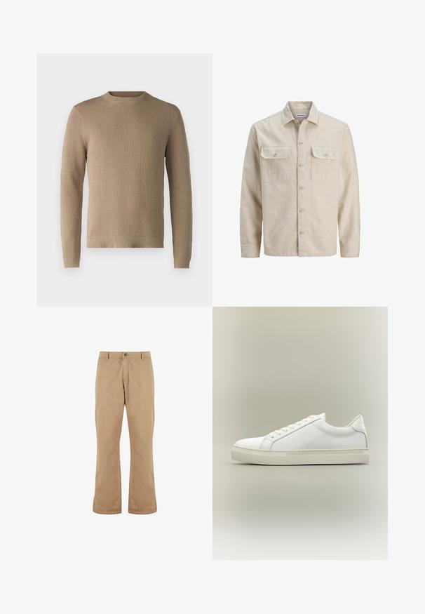 Camisa beige de botones en tejido suave, con dos bolsillos en el pecho, mangas largas y dobladillo recto. Textura lisa sin patrones.; Suéter de punto beige con cuello redondo, puños y dobladillo acanalados, y tejido texturizado, que presenta un color sólido sin patrones ni acentos.; Pantalones de algodón beige con un corte recto, que cuentan con un cierre de botón, bolsillos frontales y una textura suave.; Zapatilla blanca de perfil bajo con cordones en la parte delantera y suela gruesa, mostrada de lado sobre un fondo neutro.