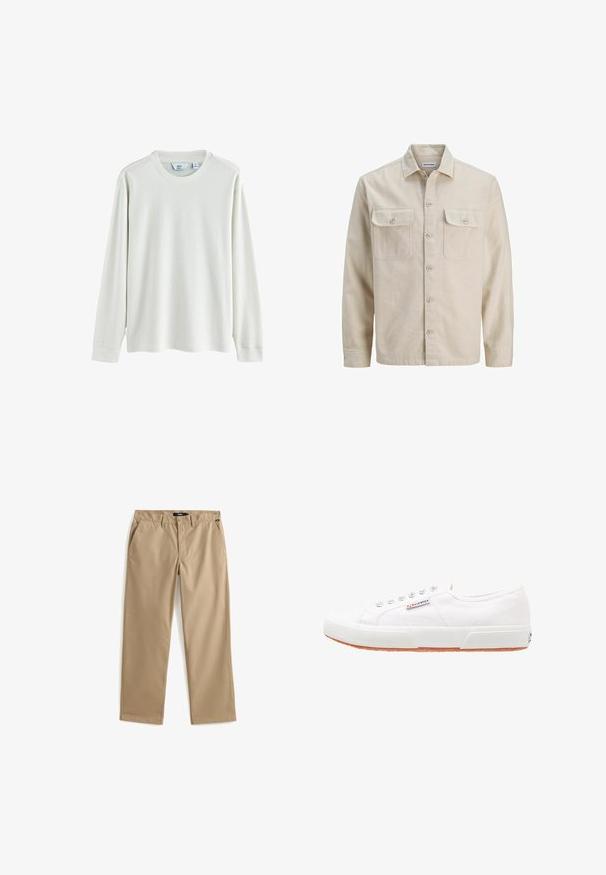 Chemise beige à boutons en tissu doux, dotée de deux poches poitrine, de manches longues et d'un ourlet droit. Texture unie sans motifs.; Chemise à manches longues de couleur vert clair, en tissu texturé, avec un col rond et des poignets côtelés. Étiquette de la marque visible à l'intérieur.; Pantalon chino beige à coupe droite en tissu de coton léger. Comprend deux poches avant et une fermeture à bouton. Texture lisse, détails minimalistes.; Baskets en toile blanches avec une semelle en caoutchouc, design à lacets et une petite étiquette logo sur le côté. Tige blanche texturée et semelle extérieure marron.