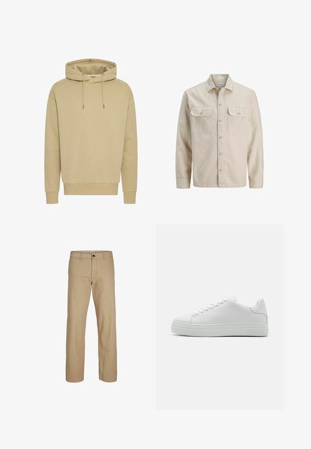 Beige skjorte med knaplukning i blødt stof, der har to brystlommer, lange ærmer og en lige søm. Ensfarvet tekstur uden mønstre.; Khaki hættetrøje, blanding af bomuld, ribbede manchetter og kant, justerbare snore, glat tekstur, afslappet pasform, ingen synlige mønstre.; Beige bukser med lige ben, knaplukning, bæltestropper og forlommer, vist mod en hvid baggrund.; Hvide lædersneakers med en chunky platformsål, rund tå og seks snørehuller. Glat tekstur med subtile syninger.