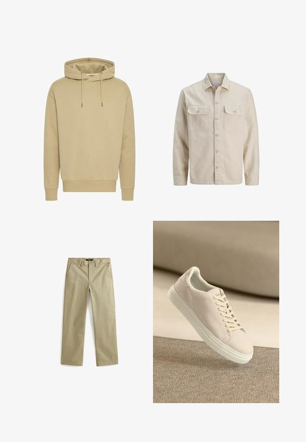 Beige skjorte med knaplukning i blødt stof, der har to brystlommer, lange ærmer og en lige søm. Ensfarvet tekstur uden mønstre.; Khaki hættetrøje, blanding af bomuld, ribbede manchetter og kant, justerbare snore, glat tekstur, afslappet pasform, ingen synlige mønstre.; Beige bomulds chinos med lige ben design, der har to forlommer og en klassisk knaplukning. Glat tekstur, minimale detaljer.; Beige ruskinds sneakers med hvid sål og snørebånd, vist svævende over tekstureret beige tæppe mod en blød beige baggrund.