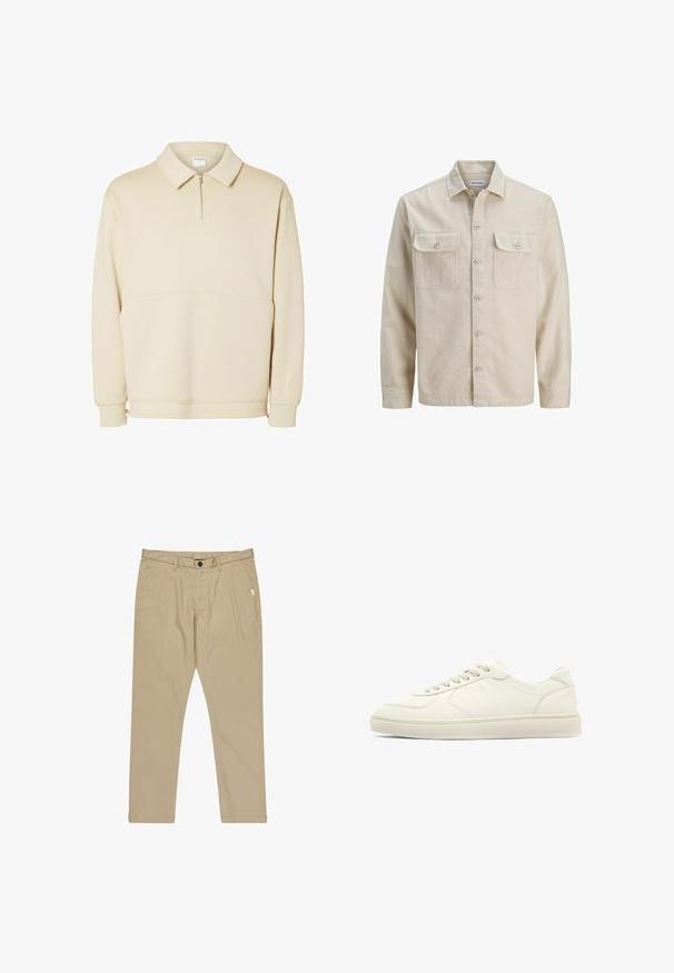 Beige skjorte med knaplukning i blødt stof, der har to brystlommer, lange ærmer og en lige søm. Ensfarvet tekstur uden mønstre.; Beige pullover sweatshirts lavet af blødt stof, med lynlås i halsen, krave og en afslappet pasform med en simpel vandret sømdetalje.; Beige bomuldsbukser med flad front, sidelommer og knaplukning. Har syninger som accent og en lige ben design.; Lav-toppet off-white lædersneaker med snørelukning foran og flad gummisål, vist i sideprofil på hvid baggrund.