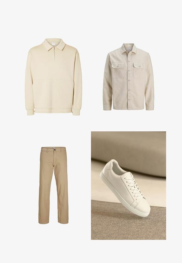 Beige overhemd met knopen in zachte stof, met twee borstzakken, lange mouwen en een rechte zoom. Effen textuur zonder patronen.; Beige pullover sweatshirt gemaakt van zachte stof, met een ritssluiting bij de hals, een kraag en een ontspannen pasvorm met een eenvoudig horizontaal naaddetail.; Beige rechte broek met knoopsluiting, ceintuurlussen en voorzakken, afgebeeld tegen een witte achtergrond.; Witte leren sneaker met witte veters, weergegeven op een beige textuurovervlak en een zacht vervaagd achtergrond.