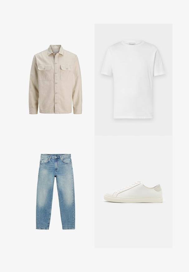 Beige overhemd met knopen in zachte stof, met twee borstzakken, lange mouwen en een rechte zoom. Effen textuur zonder patronen.; Witte t-shirt met korte mouwen van katoen. Heeft een ronde halslijn en een rechte zoom. Geen patronen of versieringen. Eenvoudig ontwerp.; Jeans met rechte pijpen van blauwe denim, met voorzakken en riemlussen, met lichte vervaagde details op dijen en knieën.; Witte leren sneaker met een gladde oppervlakte, ronde neus en minimalistisch ontwerp. Heeft beige accenten op de hiel en een rubberen zool.
