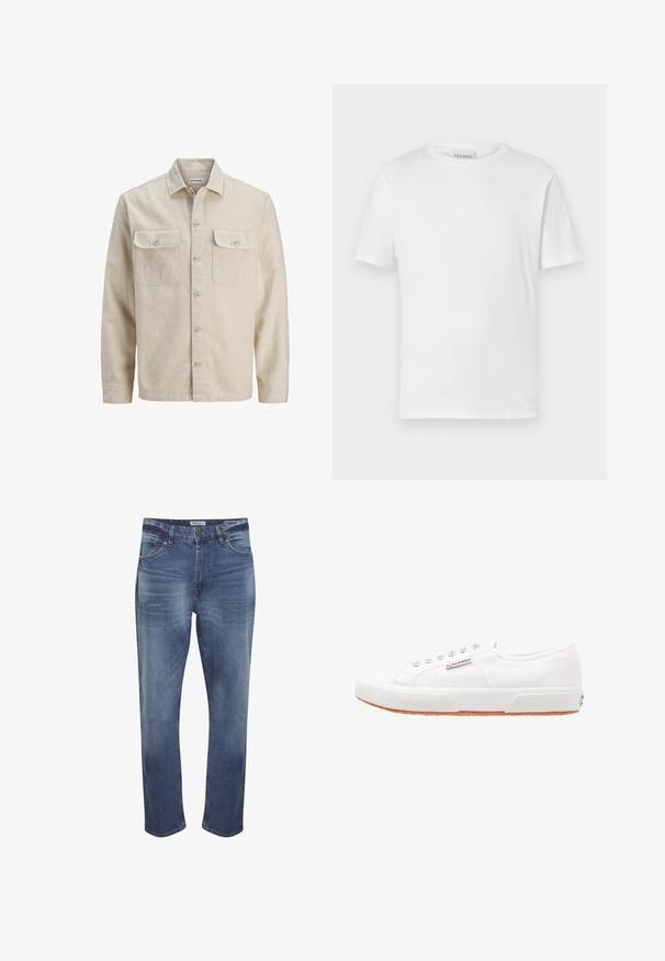 Camisa beige de botones en tejido suave, con dos bolsillos en el pecho, mangas largas y dobladillo recto. Textura lisa sin patrones.; Camiseta blanca de manga corta hecha de algodón. Presenta un escote redondo y un dobladillo recto. Sin patrones ni adornos. Diseño simple.; Vaqueros de mezclilla en azul medio con un acabado descolorido, diseño de cinco bolsillos, cierre de cremallera y corte recto estándar. Detalles de costura distintivos.; Zapatillas de lona blancas con suela de goma, diseño de cordones y una pequeña etiqueta con el logo en el lateral. Parte superior texturizada blanca y suela marrón.