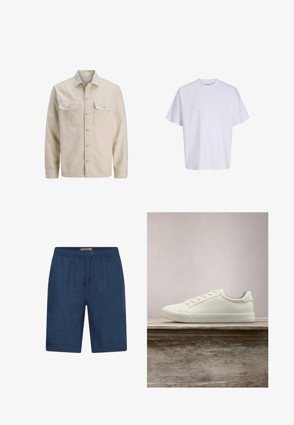 Chemise beige à boutons en tissu doux, dotée de deux poches poitrine, de manches longues et d'un ourlet droit. Texture unie sans motifs.; T-shirt blanc uni oversize à manches courtes, col rond et coupe ample sur fond blanc.; Short de bain bleu marine en tissu léger, avec une taille élastique et un cordon de serrage, coupe droite.; Sneaker en dentelle blanche flottant au-dessus d'un banc en bois avec un feuillage vert en arrière-plan, mettant en valeur le design et la texture de la chaussure.