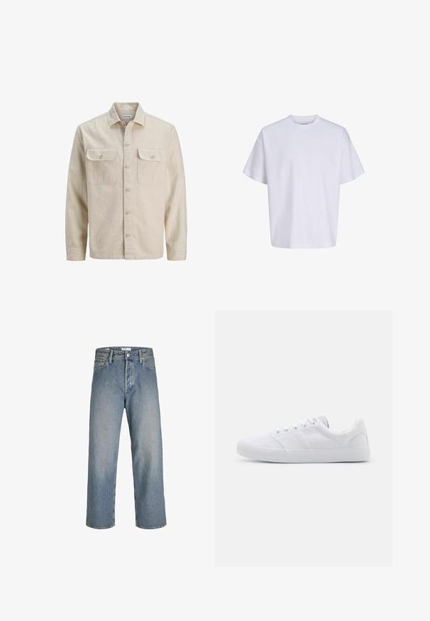 Beige overhemd met knopen in zachte stof, met twee borstzakken, lange mouwen en een rechte zoom. Effen textuur zonder patronen.; Effen witte oversized T-shirt met korte mouwen, ronde hals en losse pasvorm tegen een witte achtergrond.; Lichtblauwe denim jeans met een losse pasvorm, hoge taille en rechte pijpen. Bevat voorzakken en een metalen knoopsluiting.; Witte canvas sneakers met een rubberen zool, voorzien van zes oogjes, een gestructureerde neuskap en een minimalistisch ontwerp.