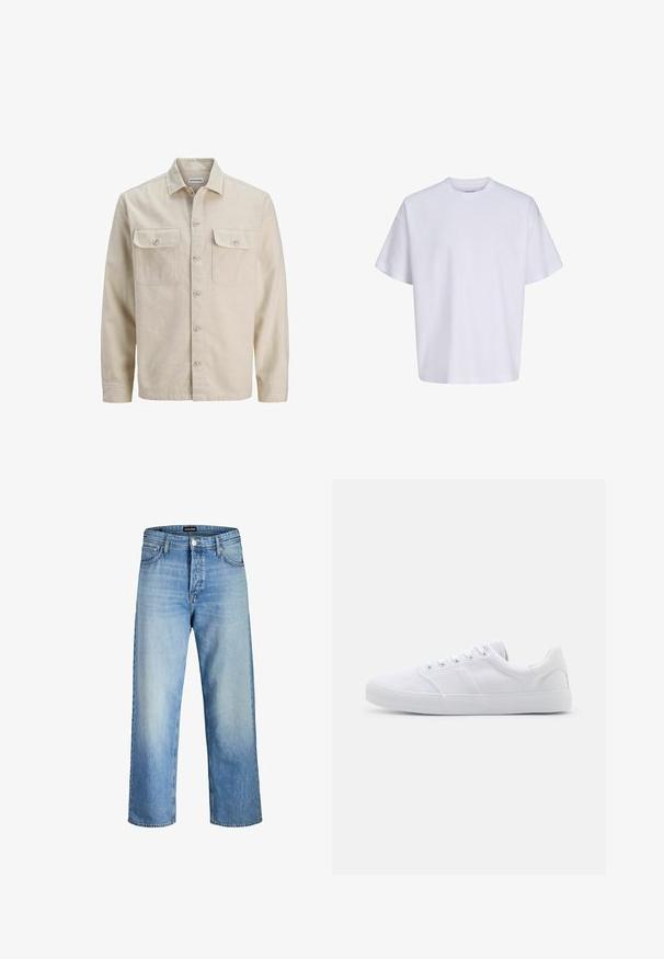 Beige overhemd met knopen in zachte stof, met twee borstzakken, lange mouwen en een rechte zoom. Effen textuur zonder patronen.; Effen witte oversized T-shirt met korte mouwen, ronde hals en losse pasvorm tegen een witte achtergrond.; Lichtblauwe denim jeans met een ontspannen pasvorm, voorzien van een hoge taille, voorkwamen en een rechte pijp, met subtiele vervaging.; Witte canvas sneakers met een rubberen zool, voorzien van zes oogjes, een gestructureerde neuskap en een minimalistisch ontwerp.