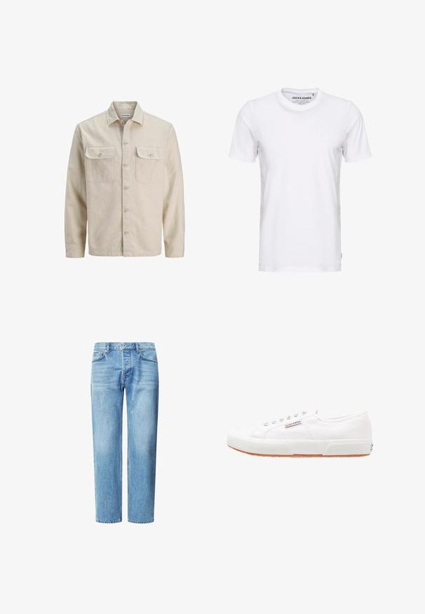 Camisa beige de botones en tejido suave, con dos bolsillos en el pecho, mangas largas y dobladillo recto. Textura lisa sin patrones.; Camiseta de manga corta blanca, hecha de algodón, con cuello redondo y un diseño sencillo. Etiqueta de la marca visible en la zona del cuello. Sin patrones ni detalles.; Jeans de denim azul claro con corte recto, cinco bolsillos y un cierre clásico de botón y cremallera. Textura sutilmente desvanecida en todo su exterior.; Zapatillas de lona blancas con suela de goma, diseño de cordones y una pequeña etiqueta con el logo en el lateral. Parte superior texturizada blanca y suela marrón.