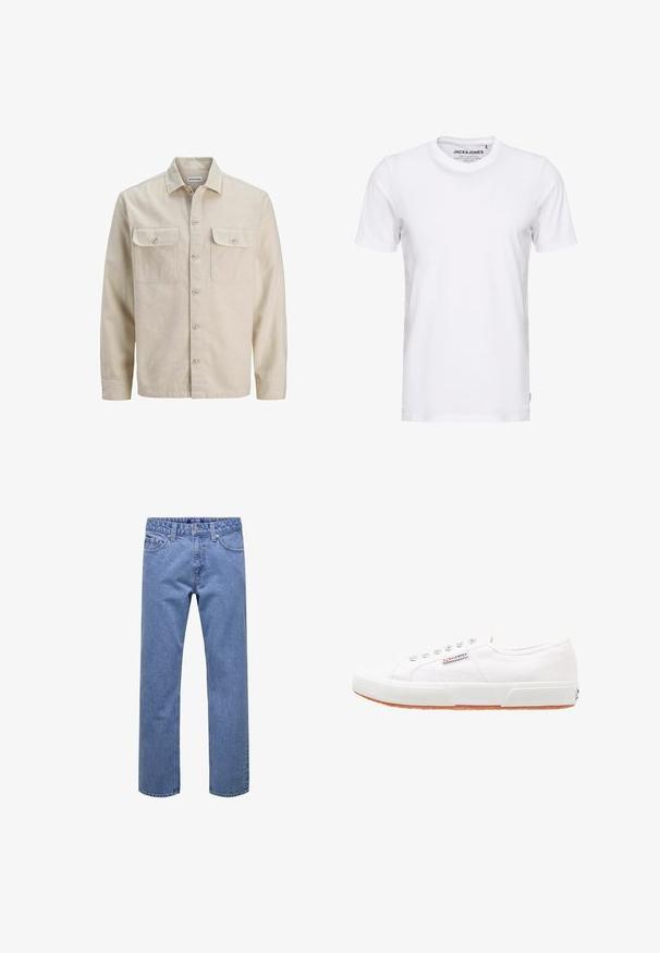 Beige Hemd mit Knöpfen aus weichem Stoff, ausgestattet mit zwei Brusttaschen, langen Ärmeln und einem geraden Saum. Einfarbig ohne Muster.; Weißes T-Shirt mit kurzen Ärmeln aus Baumwolle, mit Rundhalsausschnitt und einem schlichten Design. Markentag im Nackenbereich sichtbar. Keine Muster oder Verzierungen.; Jeans aus blauem Denim mit geradem Bein, vorn mit Knöpfen und Reißverschluss, Gürtelschlaufen sowie Taschen vorne und hinten.; Weiße Leinensneaker mit Gummisohle, Schnürdesign und einem kleinen Logolabel an der Seite. Strukturierte weiße Oberseite und braune Außensohle.