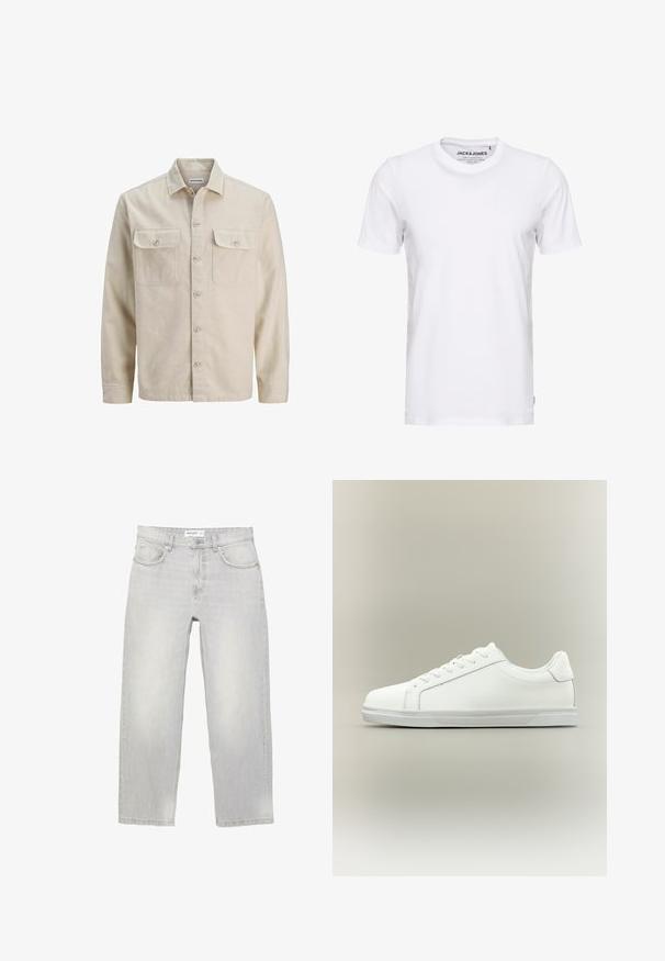 Chemise beige à boutons en tissu doux, dotée de deux poches poitrine, de manches longues et d'un ourlet droit. Texture unie sans motifs.; T-shirt blanc à manches courtes en coton, avec un col rond et un design simple. Étiquette de marque visible au niveau du cou. Aucun motif ni accent.; Jean en denim gris clair avec une coupe décontractée, doté de cinq poches, d'une ceinture standard et d'un léger délavage sur l'ensemble du tissu.; Baskets blanches basses à lacets sur l'avant avec semelle en caoutchouc texturée, sur fond neutre uni.